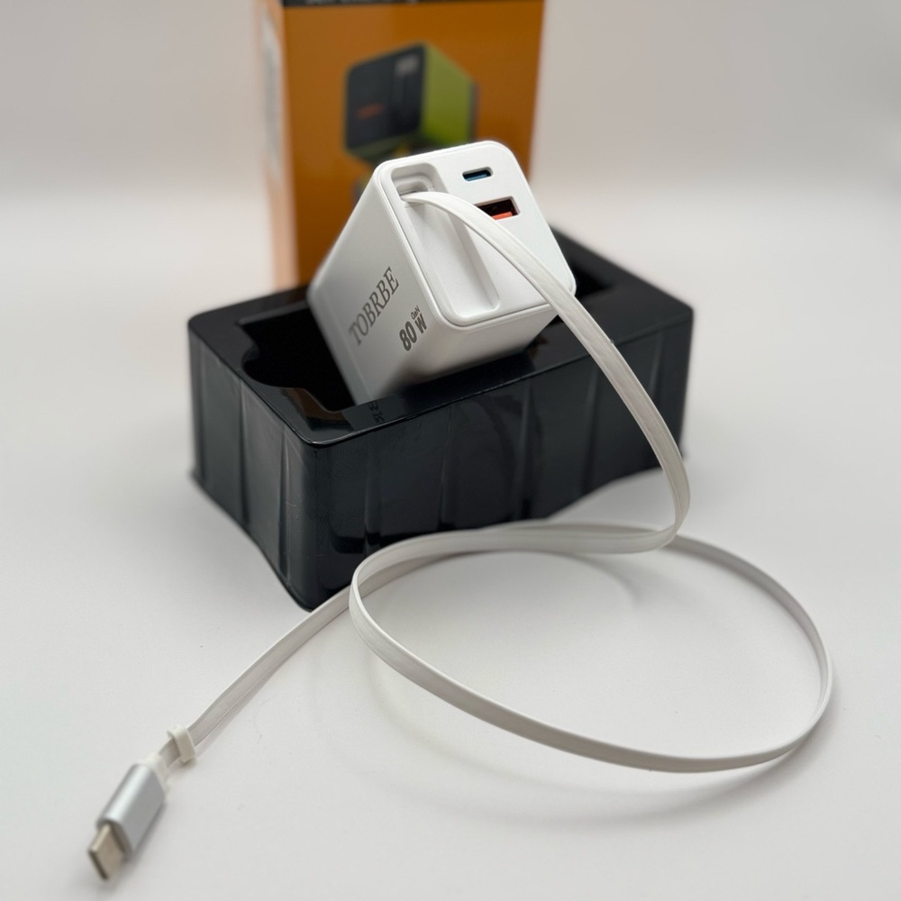 3 in 1 GaN Fast Charging Block with Retractable USB-C Cable